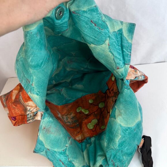 Multi Print Cloth Boho Hobo Handbag Tote Snap Top Leather Handles - Picture 5 of 8